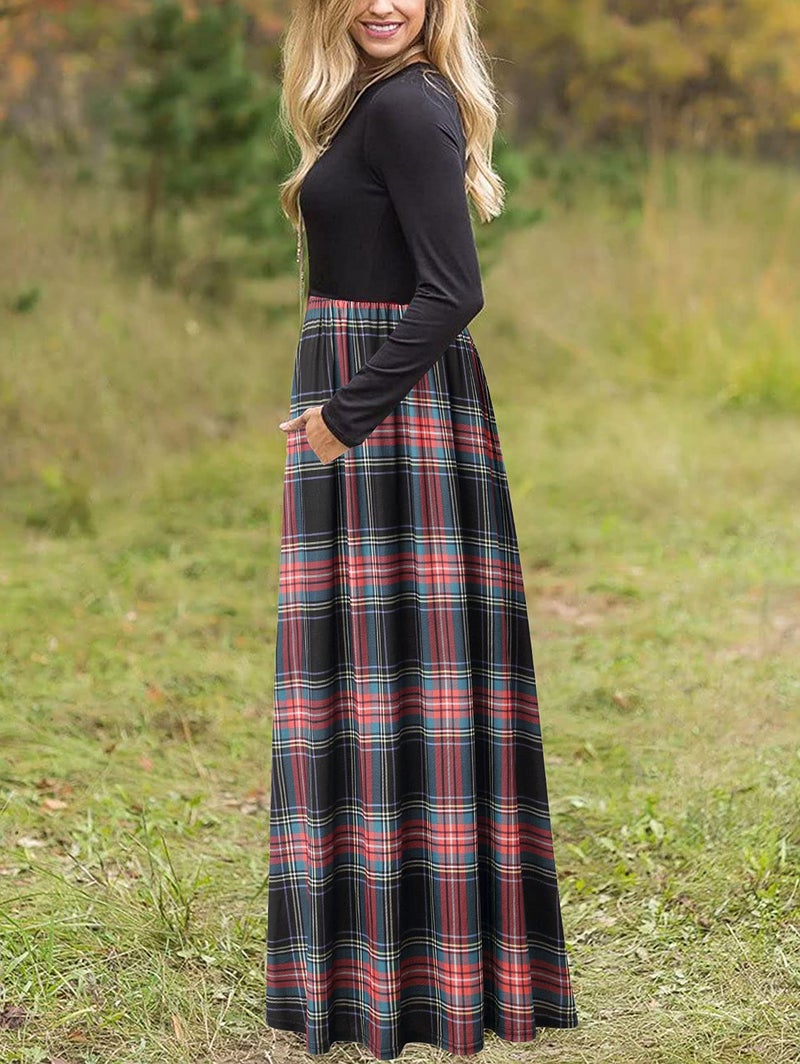 MEROKEETY Women's Plaid Long Sleeve Empire Waist Full Length Maxi Dress, Black Green, Large - Image 2